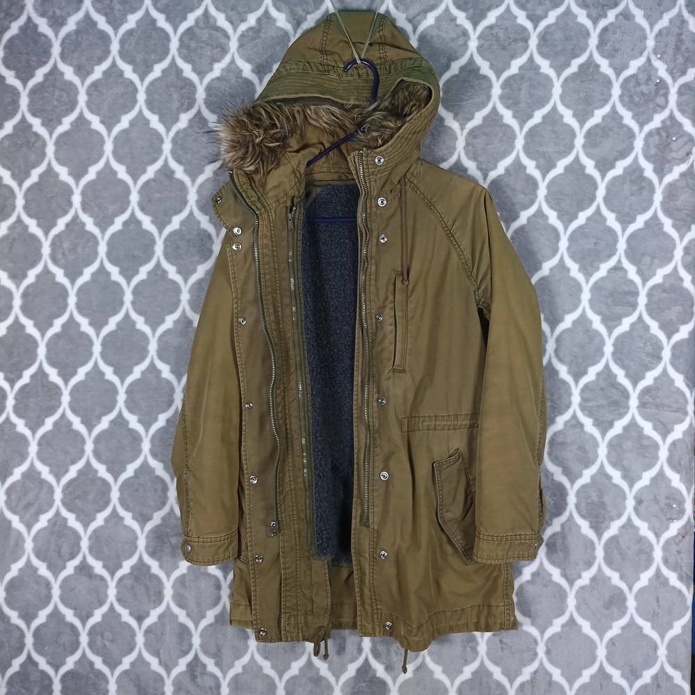 Gap 2 In 1 Parka Jacket Women Olive Green Wolf Jaw Hood Military Canvas